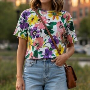 Polo Ralph Lauren Poppy Print 100% Cotton Cropped Short Sleeve Tee Sz. S UNISEX